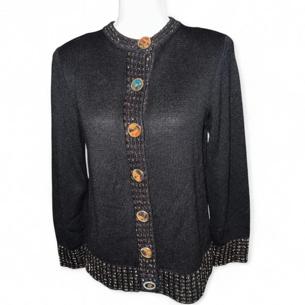 VINTAGE 70's‎ BLACK ELEGANT COLORFUL GOLD BUTTONS CARDIGAN SWEATER LADIES 8